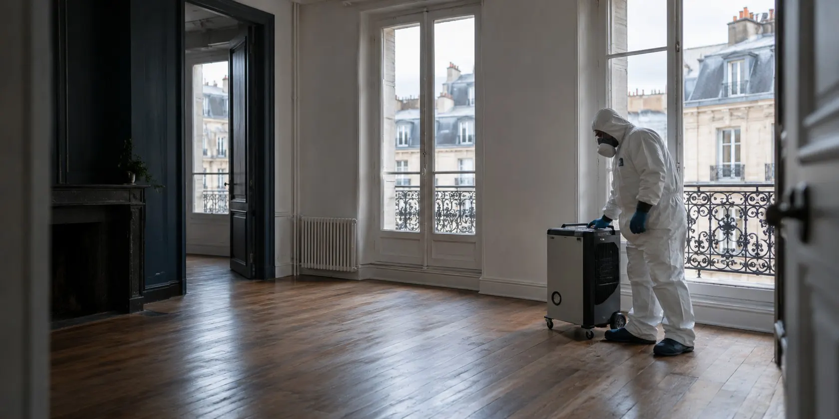Scène illustrative : préparation d’une désinfection dans un appartement