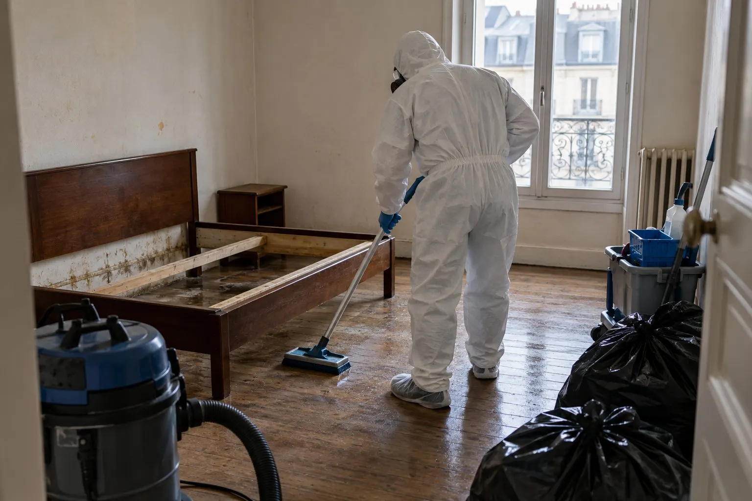Scène illustrative : nettoyage technique dans un logement après décès