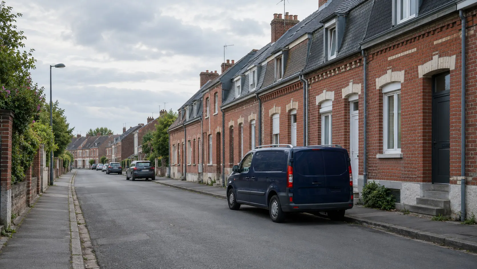Scène illustrative : rue résidentielle de maisons en brique du Nord