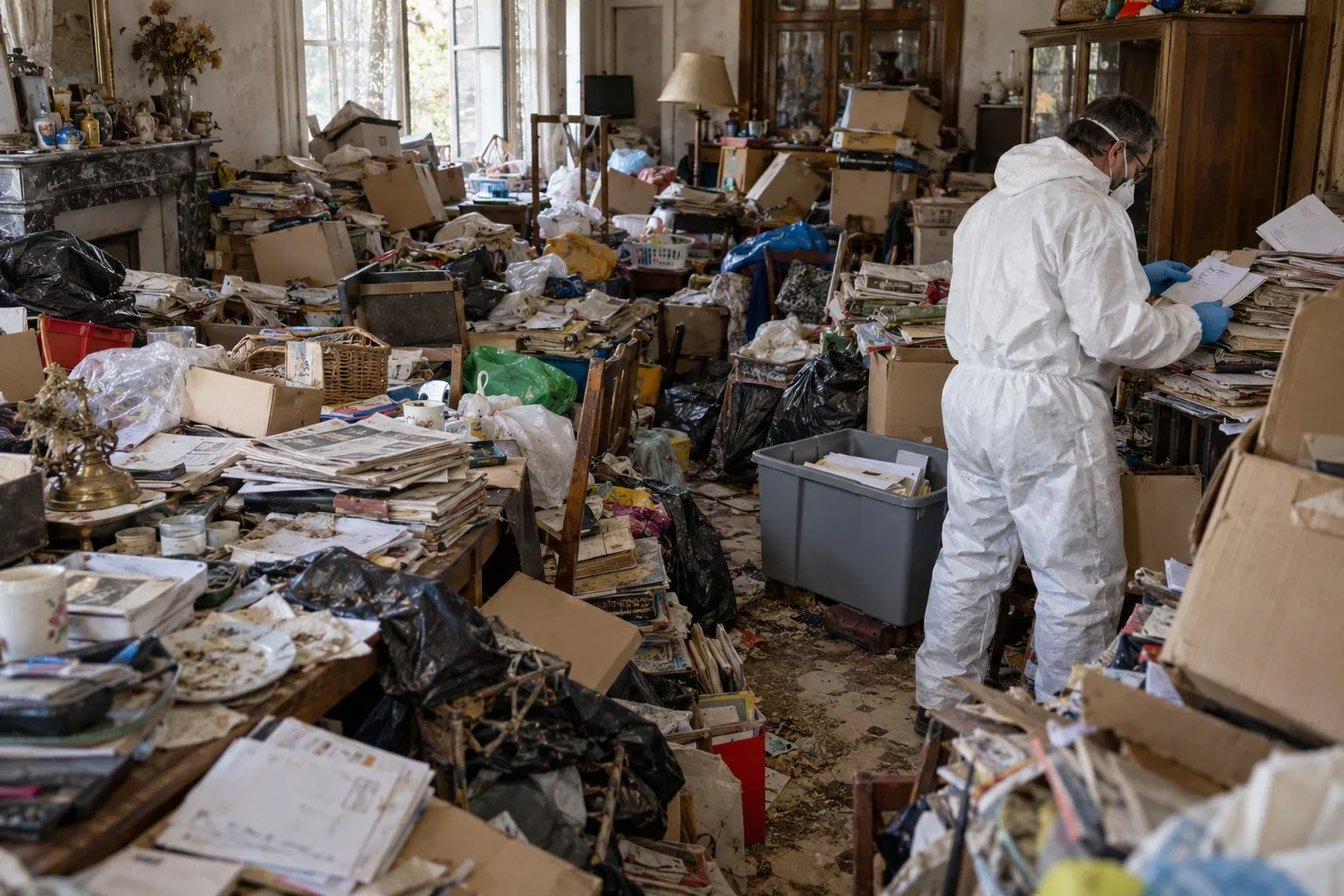 Scène illustrative : tri des documents dans un logement très encombré